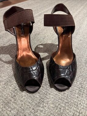 Nine West Dark Brown Croc-Embossed Peep-Toe Ankle Strap Heels